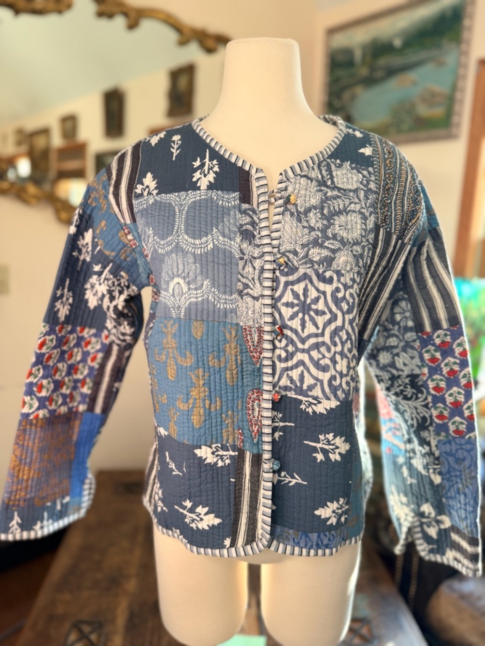 Cotton Blue Patchwork Quilted Jacket-Reversible to stripe patter